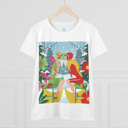 ☕❄️ Christmas Tea In The Snow Garden Cotton Tee – Art Deco Holiday Friendship