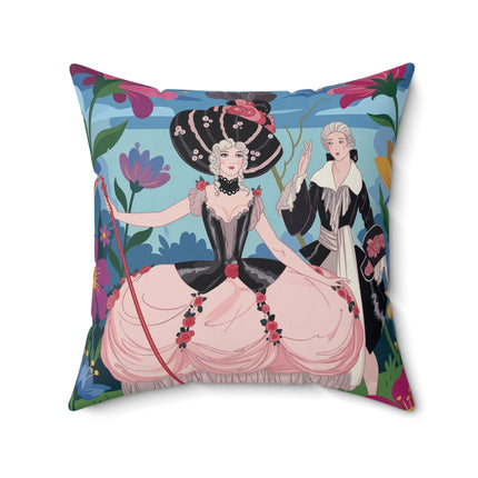 🌸🎀 The Grand Fashion Promenade Square Pillow – Art Deco Floral Whimsy