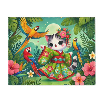 🐱🦜 Parrot Dance of the Geisha Kitten Placemat – Enchanted Tropical Feline Fantasy
