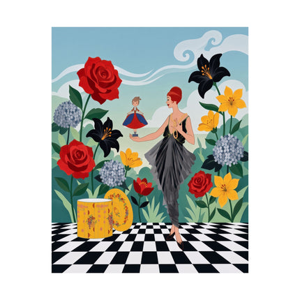 🌹🎭 The Lady And The Little Dancing Doll Matte Vertical Poster – Art Deco Floral Whimsy