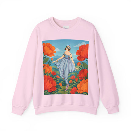 🌺🩵 The Poppy Hill Promenade Crewneck Sweatshirt – Art Deco Fashion Whimsy