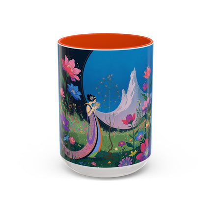 The Lady And The Moonlit Peak Colorful Mugs – Art Deco Alpine Garden Elegance