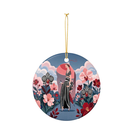 🌸🖤 The Striped Orchid Promenade Ceramic Ornament – Art Deco Floral Fashion