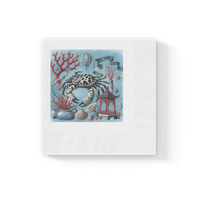 Spotted Crab & Pagoda White Coined Napkins – Mystical Ocean & Asian Harmony