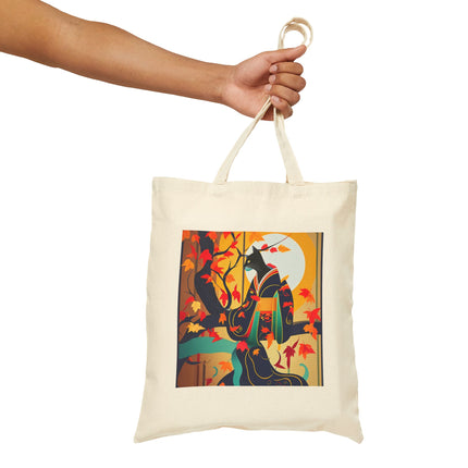 Black Cat in Kimono Cotton Canvas Tote Bag