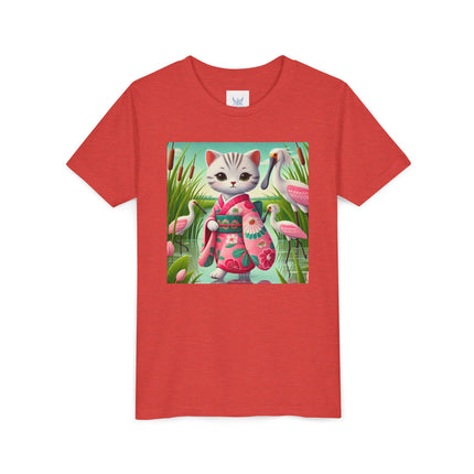 Geisha Kitten Strolls Among the Spoonbills Youth Short Sleeve Tee