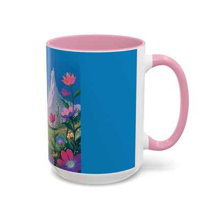The Lady And The Moonlit Peak Colorful Mugs – Art Deco Alpine Garden Elegance