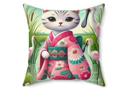 Geisha Kitten Strolls Among the Spoonbills Spun Polyester Square Pillow