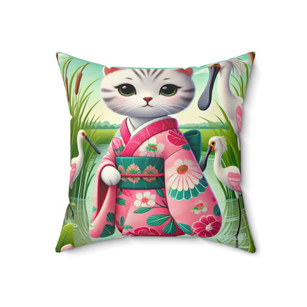 Geisha Kitten Strolls Among the Spoonbills Spun Polyester Square Pillow