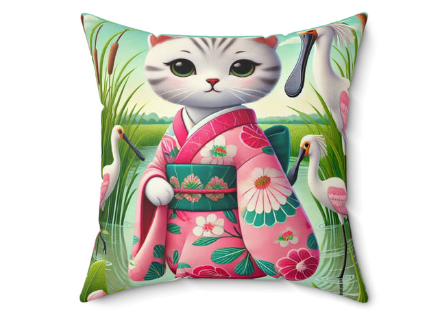 Geisha Kitten Strolls Among the Spoonbills Spun Polyester Square Pillow