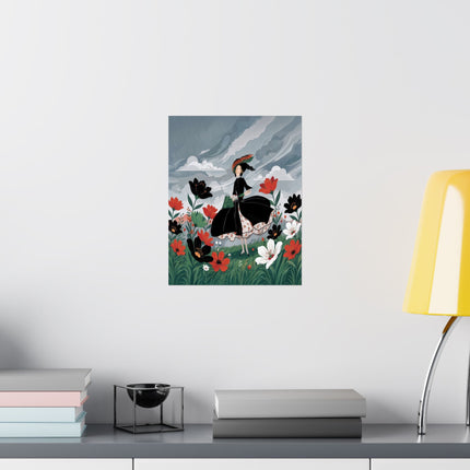 🌧️🌺 The Lady Of The Rainy Flower Meadow Matte Vertical Poster – Art Deco Floral Whimsy