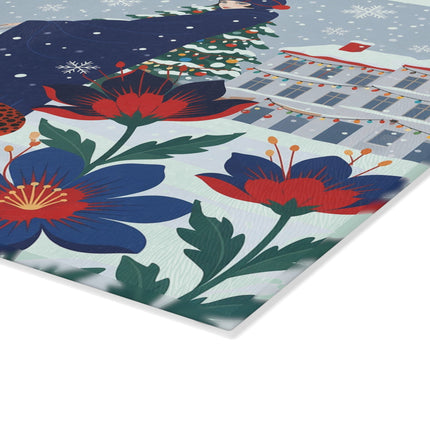 🐆❄️ The Lady And The Christmas Leopard Glass Cutting Board – Art Deco Winter Fantasy