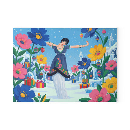 🌸❄️ The Lady Of The Enchanted Winter Garden Glass Cutting Board – Art Deco Holiday Fantasy