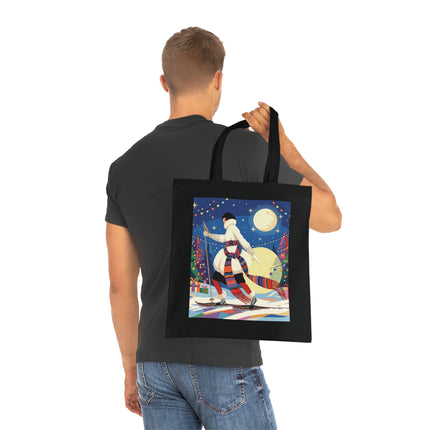 🎿🌙 The Moonlit Christmas Skier Cotton Tote Bag – Art Deco Holiday Adventure