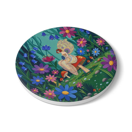 🧚🍄 The Lady Of The Enchanted Mushroom Forest Ceramic Coaster – Art Deco Fairy Garden Fantasy
