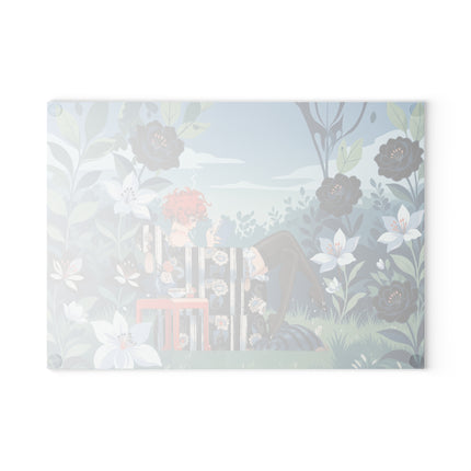 📚🌹 The Red-Haired Reader Glass Cutting Board – Art Deco Floral Garden