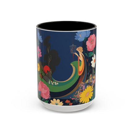 The Lady And The Crimson Moonbird Colorful Mugs – Art Deco Whimsical Garden Elegance