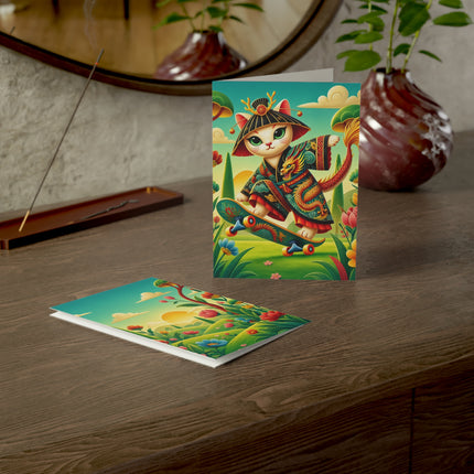 🐉🛹 The Dragon Skateboard Kitten Greeting Card – Whimsical Enchanted Garden