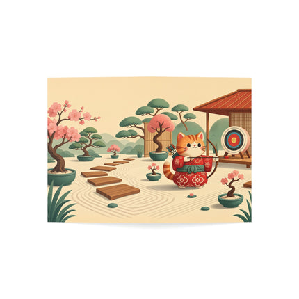 🏹🌸 The Cherry Blossom Archer Kitten Greeting Card – Whimsical Japanese Garden