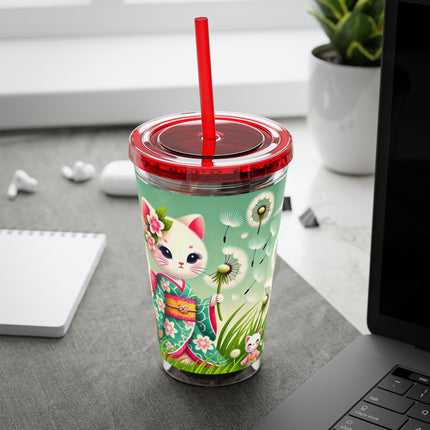 Geisha Kitten and the Dandelion Wish Sunsplash Tumbler with Straw, 16oz