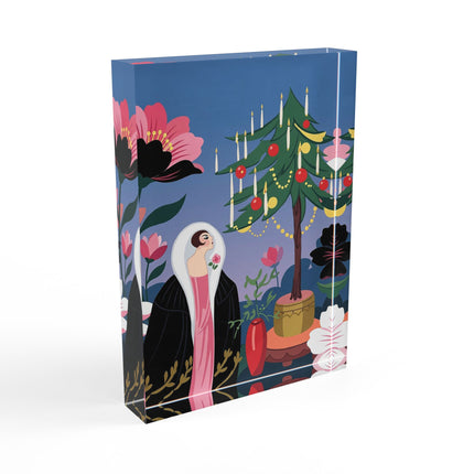 🌹🎄 The Lady Of The Candlelit Rose Tree Acrylic Art Block – Art Deco Christmas Garden