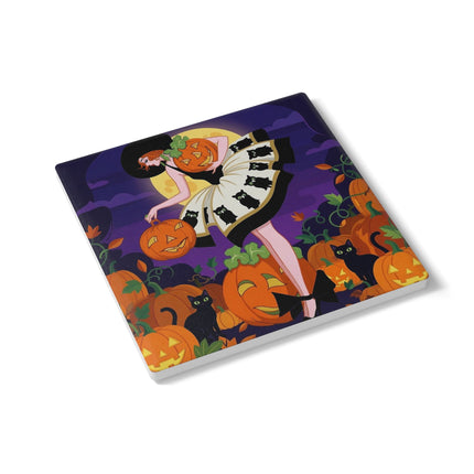 🐈‍⬛🎃 The Black Cat Pumpkin Belle Ceramic Coaster – Vintage Halloween Charm