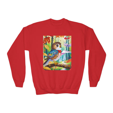 Baby Hawk Plays in Forest Youth Crewneck Sweatshirt – Woodland Wonder & Playful Discovery