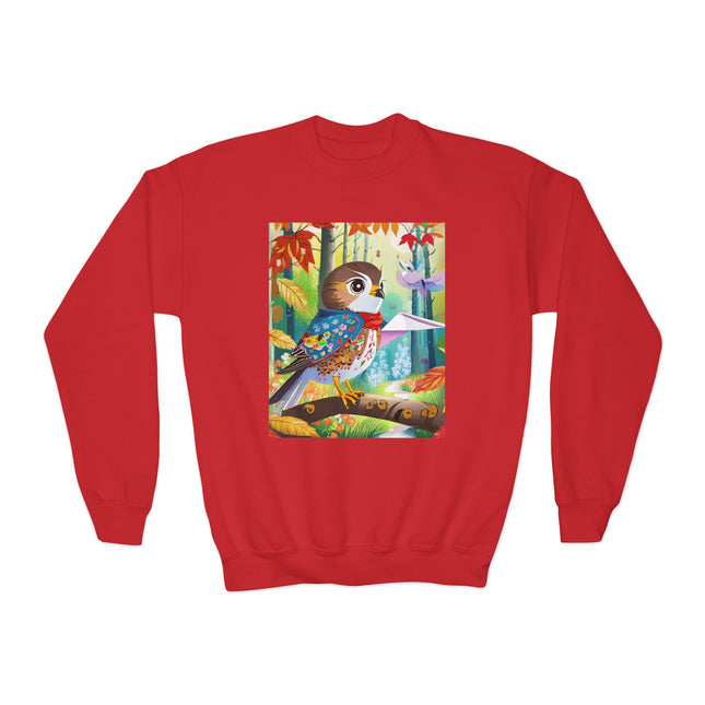 Baby Hawk Plays in Forest Youth Crewneck Sweatshirt – Woodland Wonder & Playful Discovery