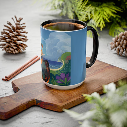 The Lady And The Sea Breeze Colorful Mugs – Art Deco Coastal Serenity