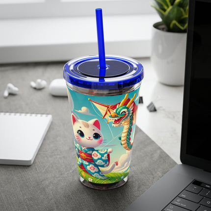 Geisha Kitten and the Dragon Kite Sunsplash Tumbler with Straw, 16oz
