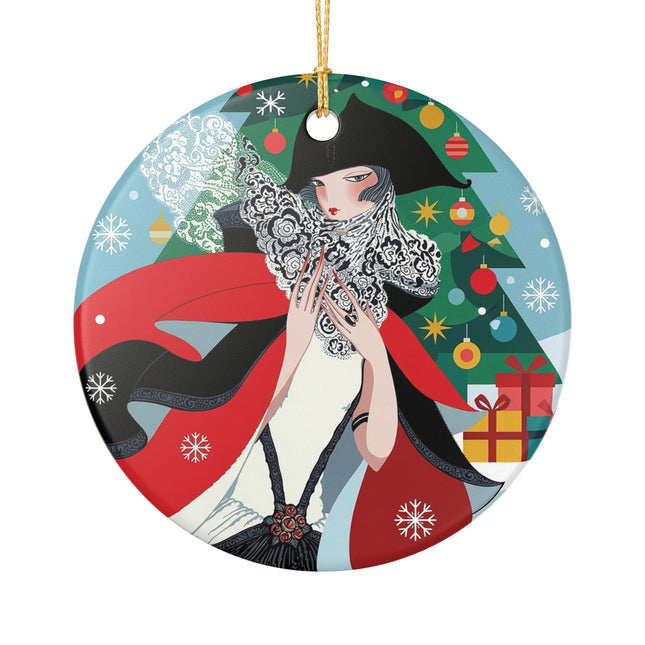 ❤️ The Lady Of The Crimson Scarf Ceramic Ornament – Art Deco Christmas Elegance