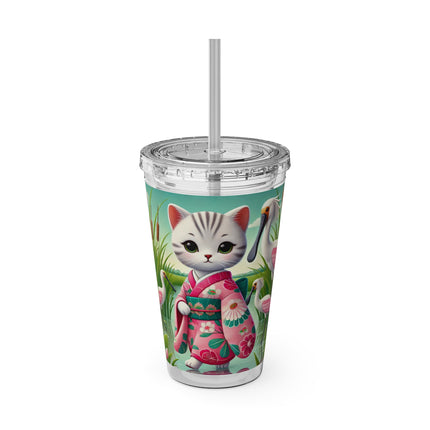 Geisha Kitten Strolls Among the Spoonbills Sunsplash Tumbler with Straw, 16oz