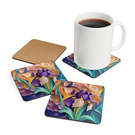 The Elegant Iris Flower Corkwood Coaster Set
