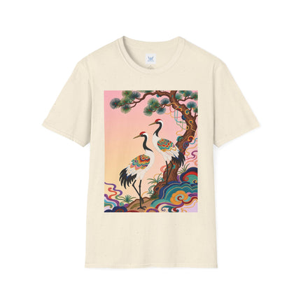 🐦🌸 The Enchanted Crane Garden Softstyle T-Shirt – Oriental Elegance & Colorful Harmony
