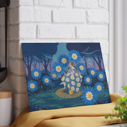 🌼🧶 The Lady Of The Blue Daisy Garden Glass Cutting Board – Art Deco Floral Elegance