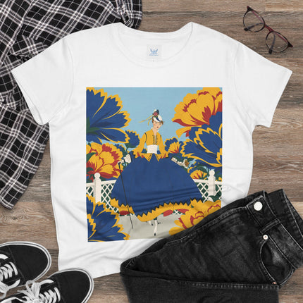 💙🌼 The Golden Petal Promenade Cotton Tee – Art Deco Floral Elegance