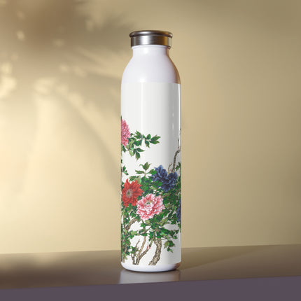 Peonies and Birds by Okamoto Shuki Slim Water Bottle