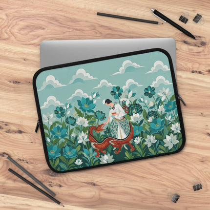 🐉🌿 The Lady And The Garden Dragon Laptop Sleeve – Art Deco Fantasy Elegance