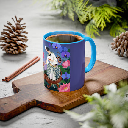 The Lady And The Garden Dragon Colorful Mugs – Art Deco Mythical Botanical Elegance