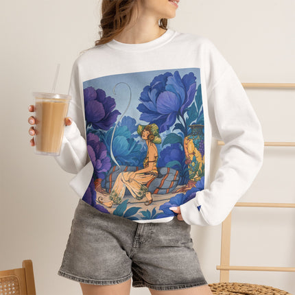 💙🌸 The Lady Among The Blue Blossoms Crewneck Sweatshirt – Art Deco Floral Reverie