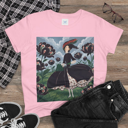 ❤️🌺 The Scarlet Parasol Garden Cotton Tee – Art Deco Floral Elegance