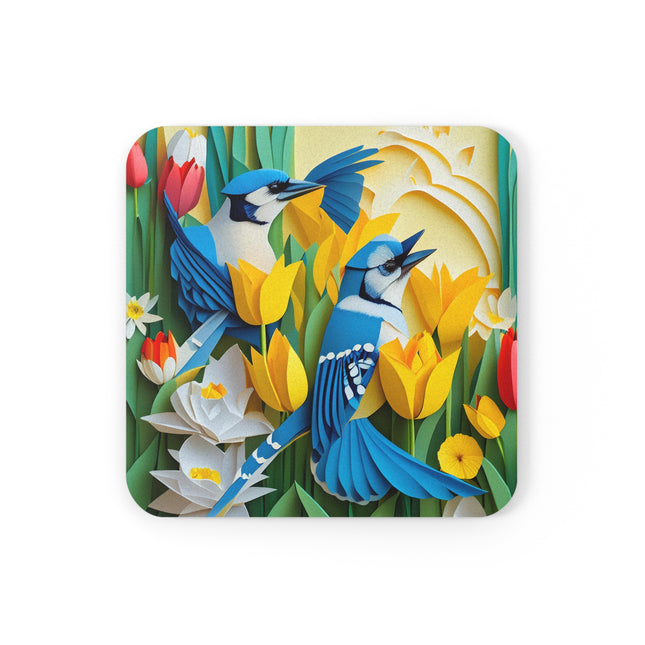 Blue Jays in a Spring Garden Cork Back Coaster