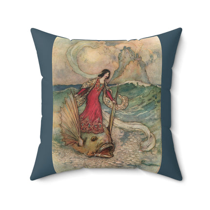 Rita Rides on the Dolphin by Warwick Goble Spun Polyester Square Pillow