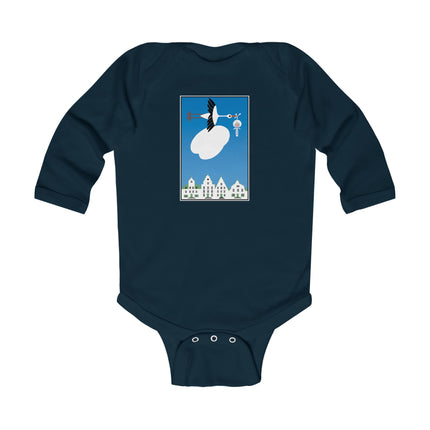 Benevolent Wings Baby Long Sleeve Bodysuit – Cozy Vintage Stork Delivery Design