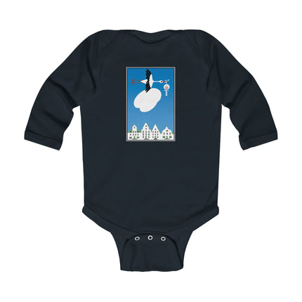 Benevolent Wings Baby Long Sleeve Bodysuit – Cozy Vintage Stork Delivery Design