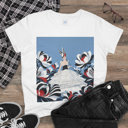 🖤🌸 The Black And Ivory Blossom Garden Cotton Tee – Art Deco Fashion Illustration