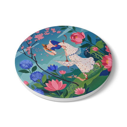 🌸☂️ The Lady Of The Falling Blossoms Ceramic Coaster – Art Deco Garden Whimsy