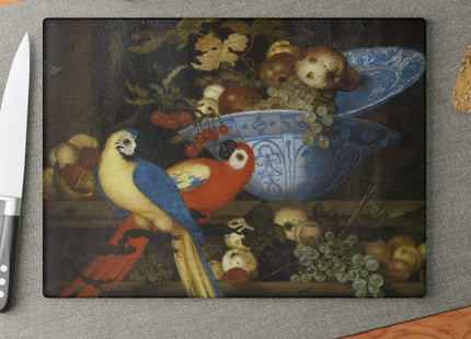 Fruit Still Life With Two Parrots by Balthasar van der Ast Glass Cutting Board
