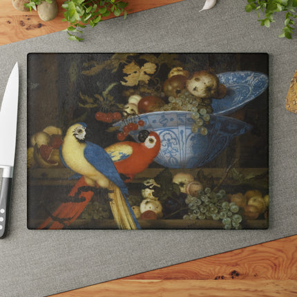 Fruit Still Life With Two Parrots by Balthasar Van der Ast Glass Cutting Board