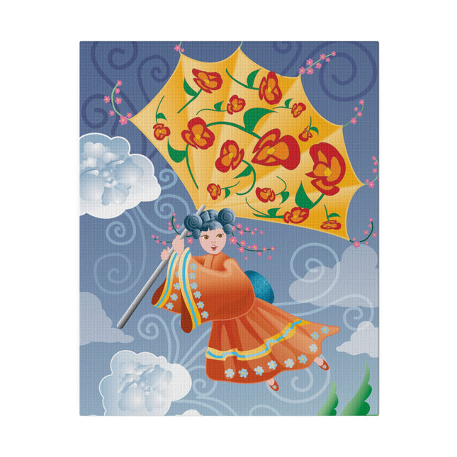 Flight of Blossoms – Whimsical Girl with Kite